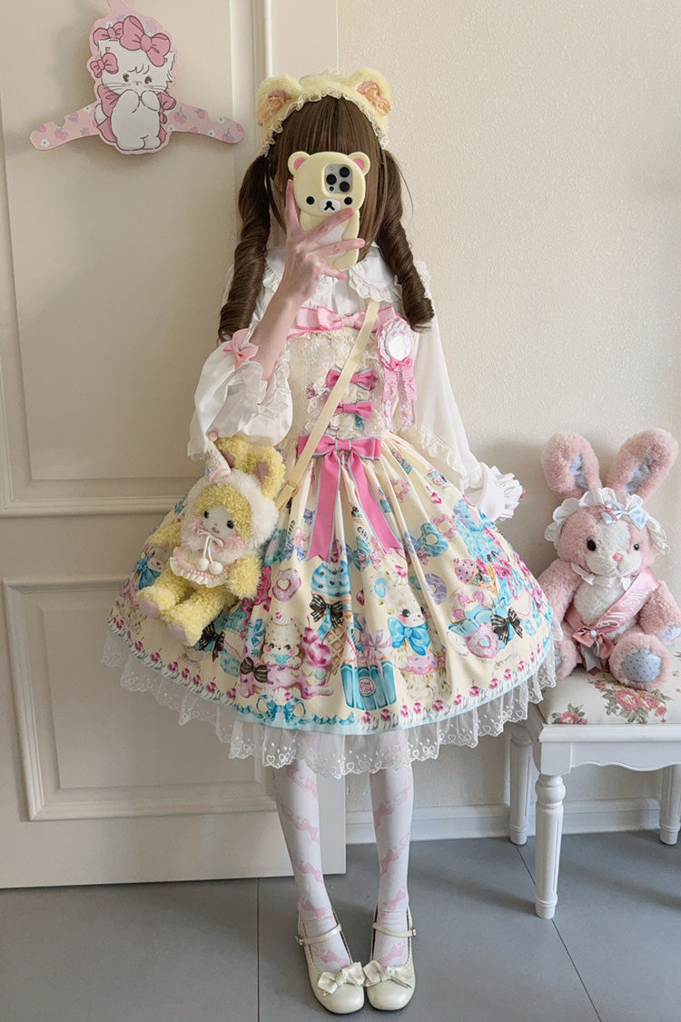 Yellow [Floral Whisper] Bear Print Ruffle Bowknot Lace Sweet Princess Lolita Jsk Dress