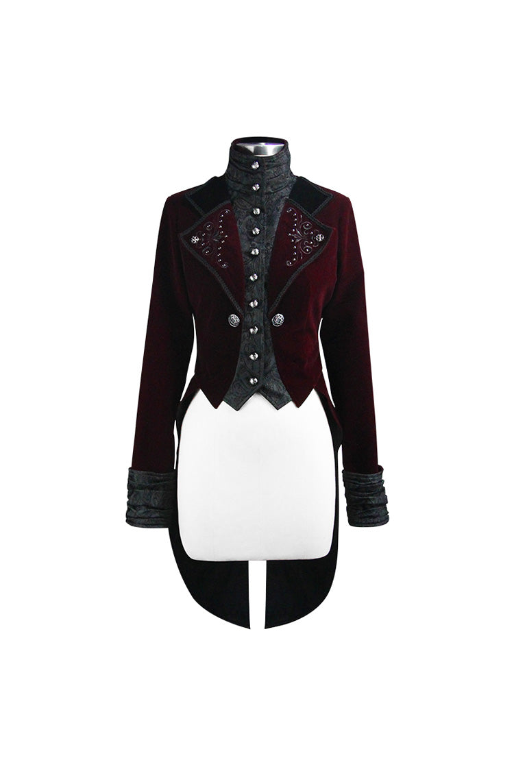 Red/Black Jacquard Lapel Embroidered Metal Nail Velveteen Swallowtail Women's Gothic Coat