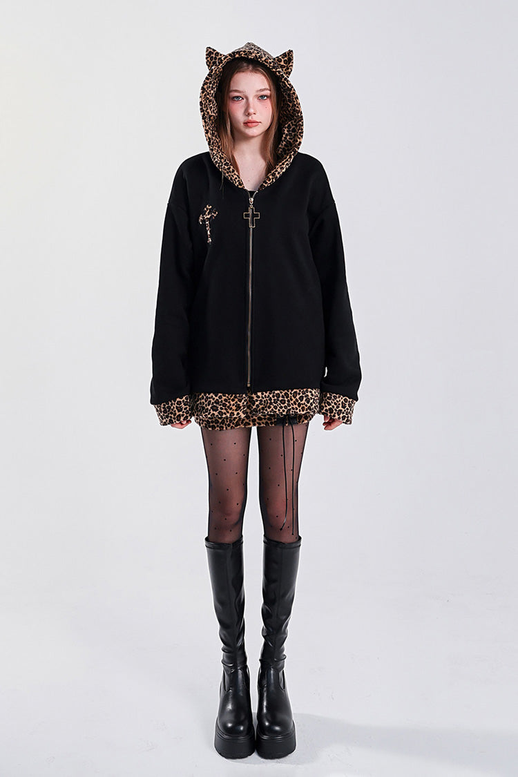 Black Hooded Long Sleeves Drop Shoulder Leopard Print Cat Ears Contrast Hem Women's Gothic Coat