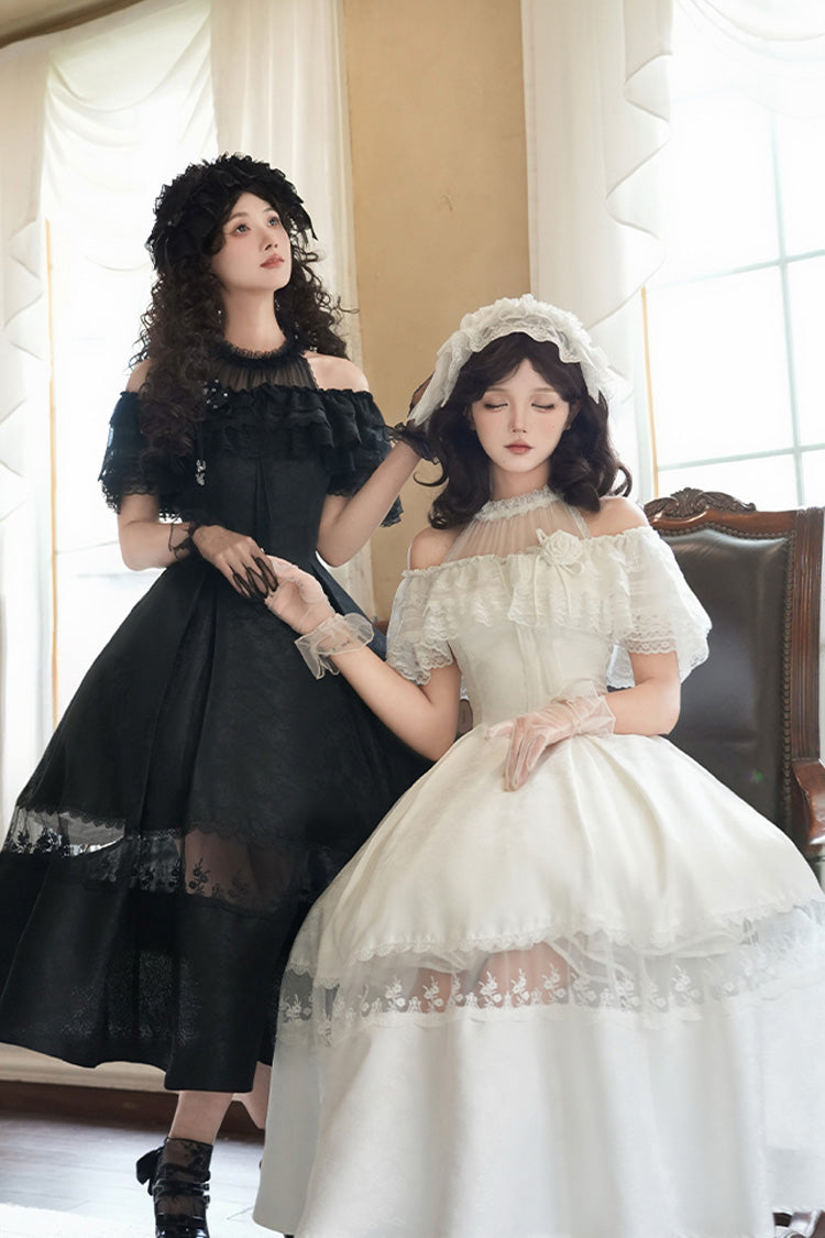 White [Flowers in the Mist] Off Shoulder Halterneck Print Ruffle Gothic Elegant Lolita Dress