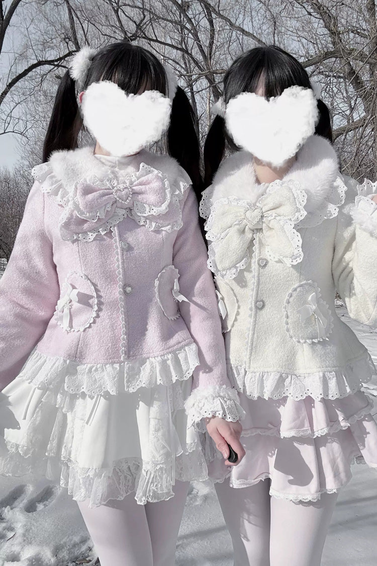 [Diamant-Erdbeere] Süßer Jirai-Kei-Lolita-Mantel mit langen Ärmeln, Schleife, Spitze, Perlenverzierung, 3 Farben