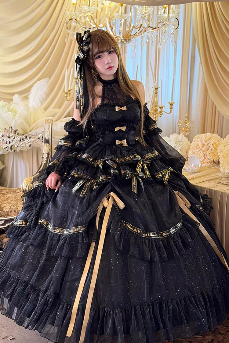 ブラック【黒曜石の宴】二層フリル花嫁リボンレーススイートゴシックプリンセスロリータJSKドレス