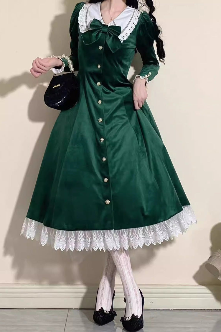 Vintage Lapel Collar Long Sleeves Ruffle Bowknot Elegant Lolita Dress 3 Colors