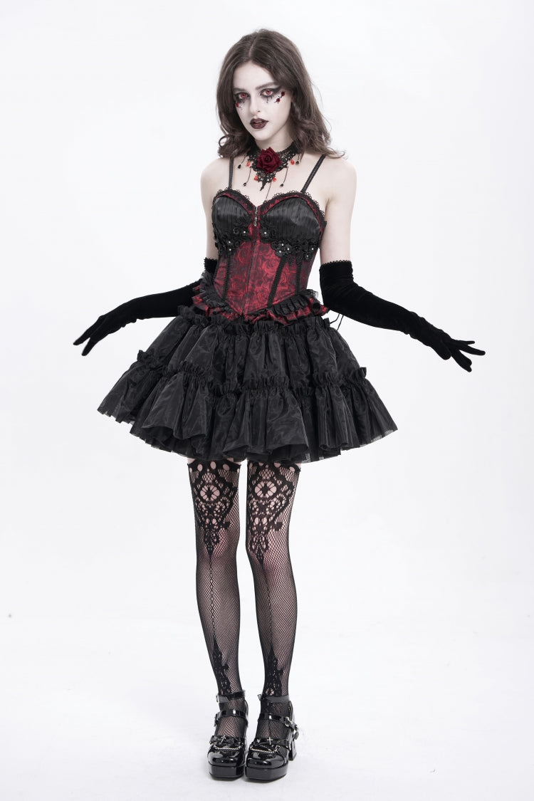 Rotes ärmelloses Rüschenstickerei-Schnürung Damen Gothic Tank Top 