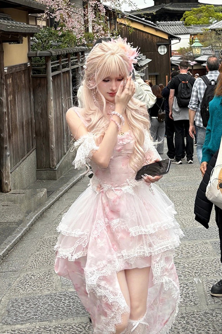 Pink [Sakura Trio] Sleeveless Double-Layered Ruffle Bowknot Lace Sweet Princess Lolita Jsk Dress