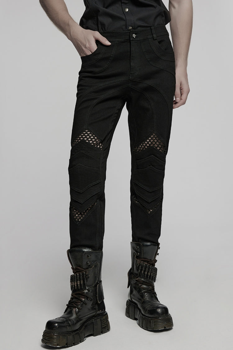 Black Pleated Stitching Mesh Men's Punk Pants