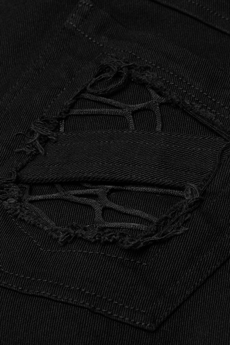 Black Metal Buckle Bandage Hollow Stitching Irregular Ripped Men's Gothic Pants