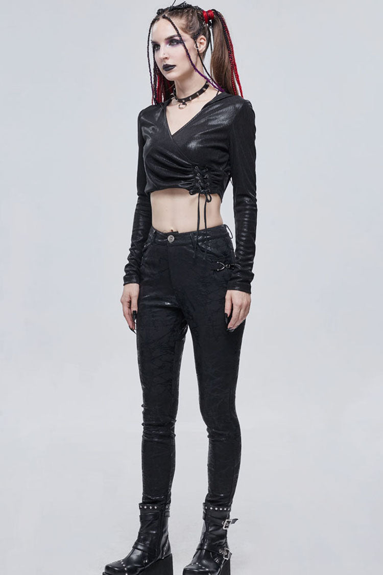Black Punk Knitted Over Glue Metal Buckle Decoration Elasticity Leather Women's Leggings