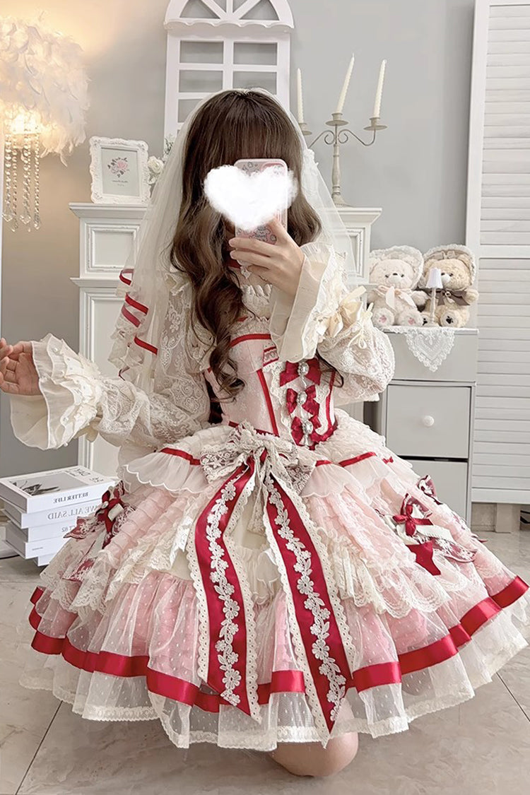 Pink [Moonstone] Sleeveless Ruffle Embroidery Bowknot Lace Fishbone Sweet Princess Lolita Dress