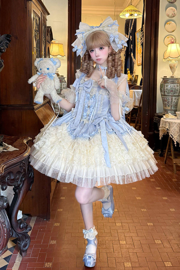 Bleu [Cherry Blossom Dream] Col carré sans manches taille haute nœud à lacets à volants en couches Tulle Sweet Balletcore Lolita JSK Robe