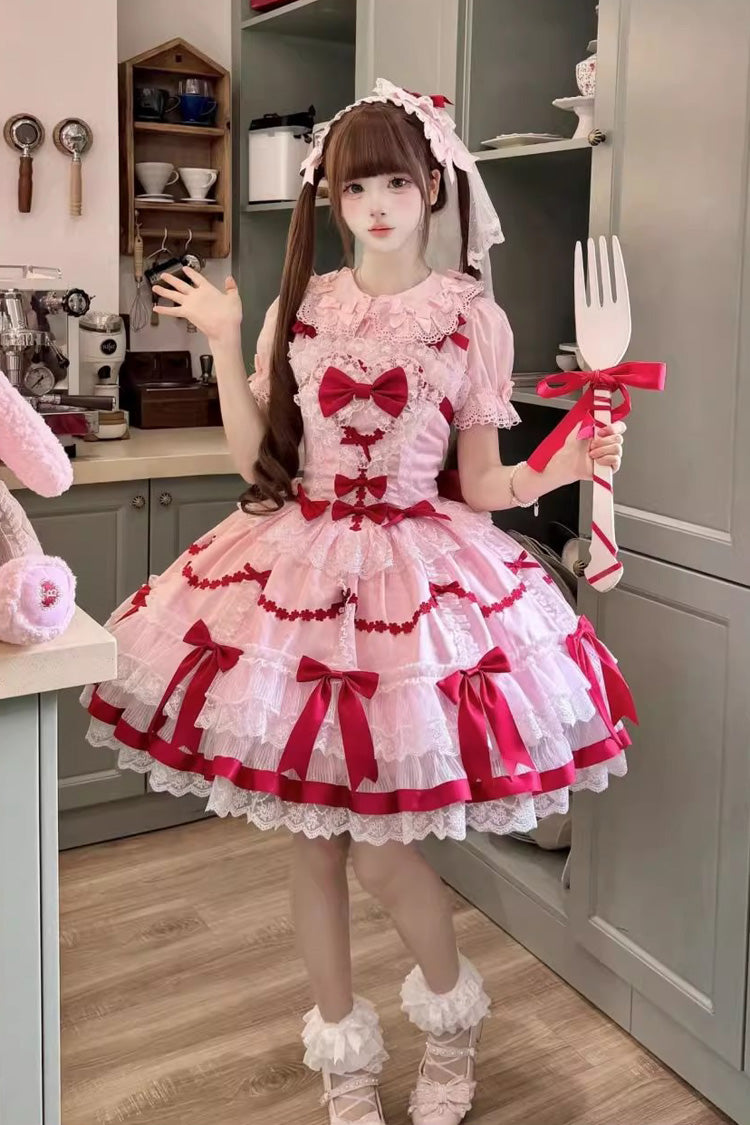 赤/ピンク [スカーレットハートココア] ノースリーブ トリプルレイヤー フリル刺繍 リボンレース スイートロリータ ジャンパースカートドレス 