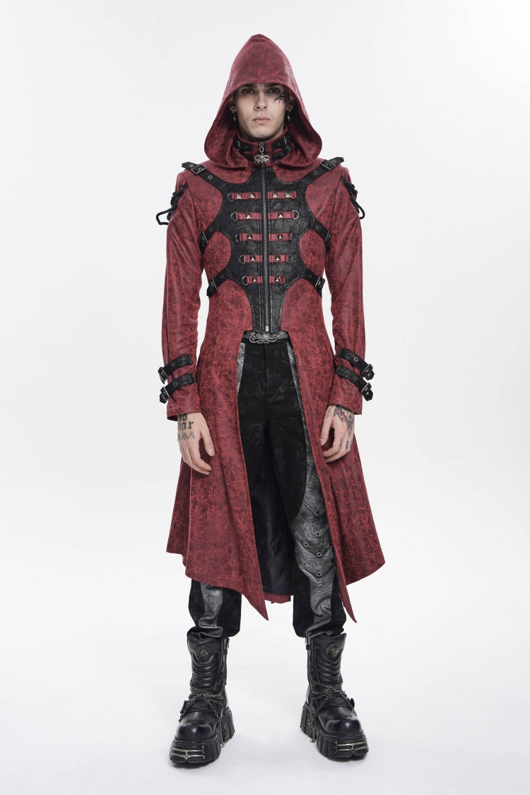 Roter Stehkragen, lange Ärmel, bedruckt, gespleißt, mit Nieten, Schnallen, Reißverschluss und Ösen, coole Punk-Kapuzenjacke für Herren