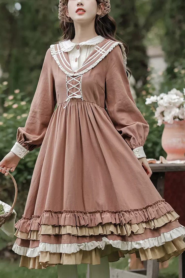 Brown Long Sleeves Multi-layer Ruffle Two Fake Pieces Sweet Lolita Dress