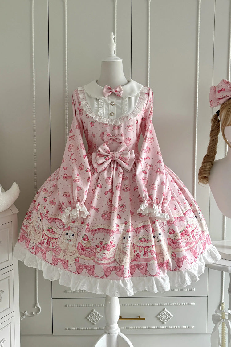 Rosa [Strawberry Kitty] Süßes Lolita-Kleid mit Peter-Pan-Kragen, bedruckter Rüschenschleife