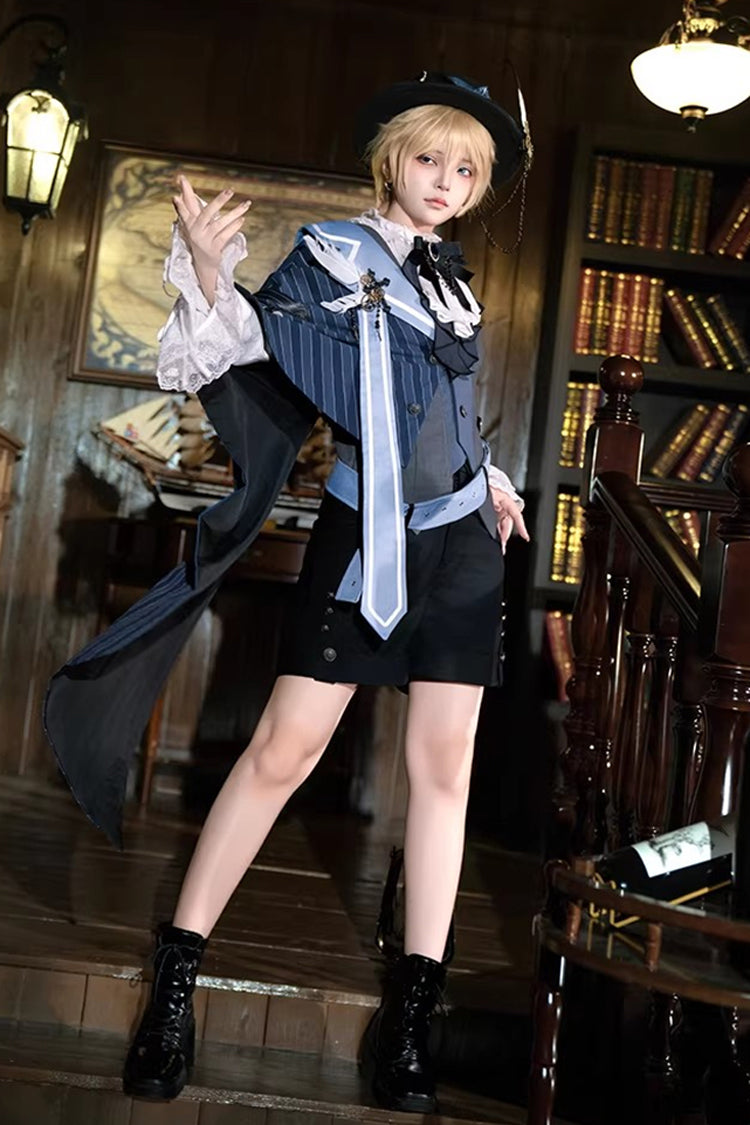 ホワイト/グレー/ブルー [エイジ オブ マシーン] リボン アシンメトリー パンク王子 ロリータ ショーツ ベスト マント セット