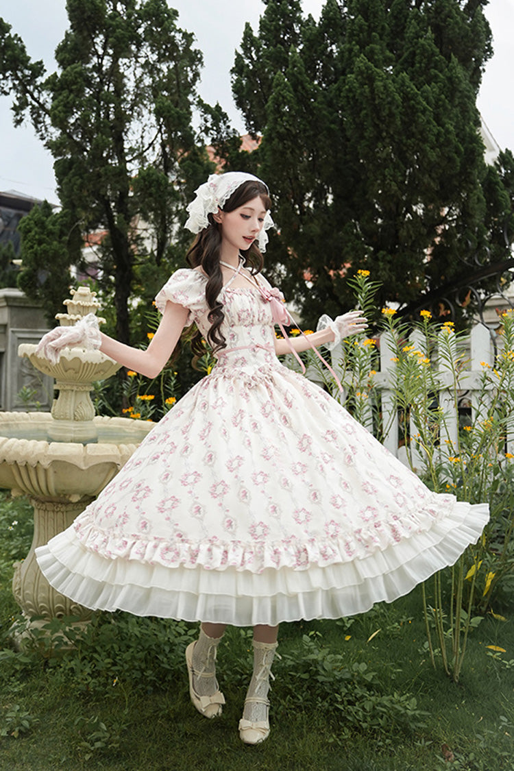 Robe longue Sweet Lolita en ivoire [Rose après la pluie] à manches courtes, à volants à trois couches, avec nœud papillon et lacets 