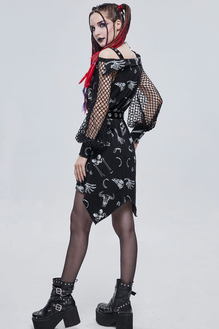 Black Gothic Knit Bone Print Sling Metal Grommet Strap Design Long Sleeve Women's Dress