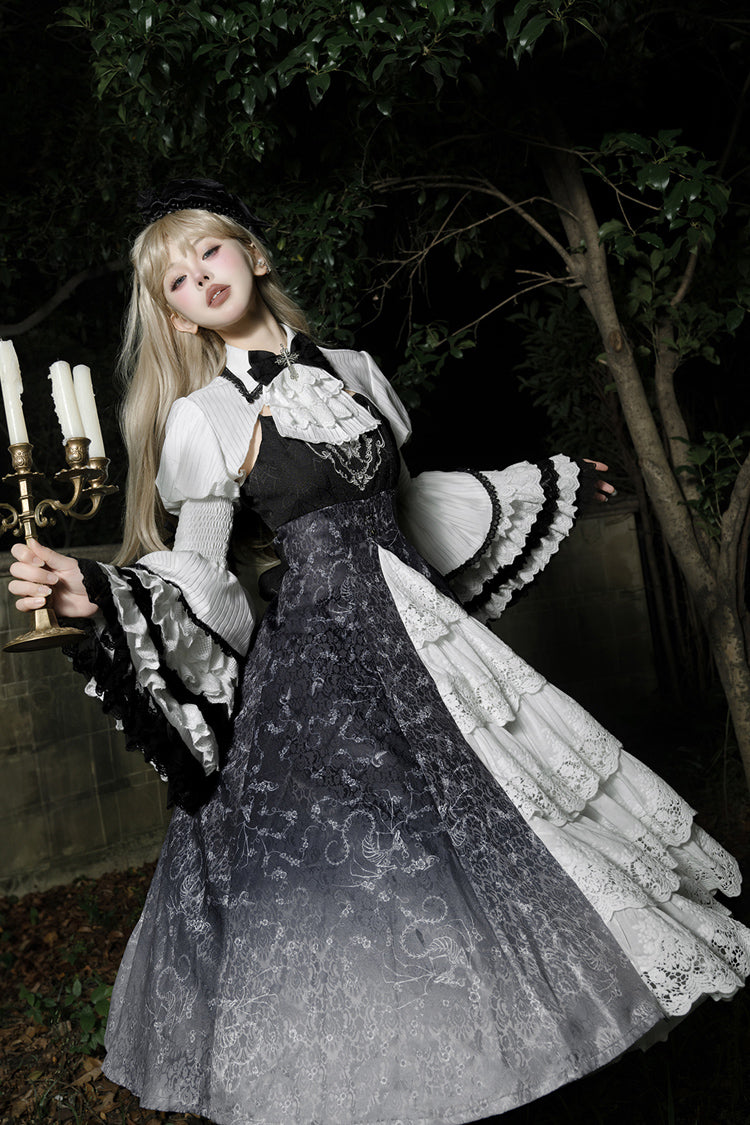 Black/White Print Bone Magic Ruffle Cardigan Lace Classic Gothic Princess Lolita Jsk Dress
