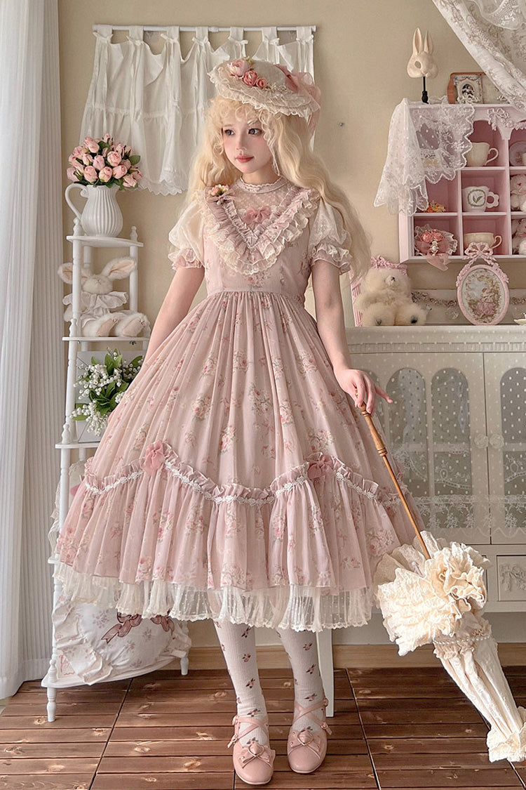 [Daydream Rose] Kurzärmliges Kleid mit Blumen-Jacquard-Print, Rüschenstickerei, Schleifenknoten, Sweet Lolita, in 3 Farben 