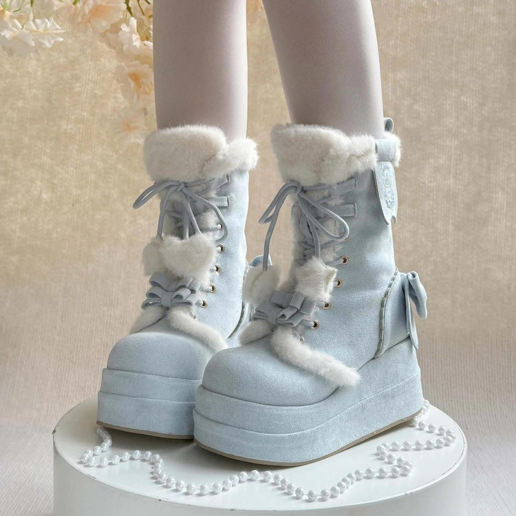 Blue Cute Platform Thick-Soled Bowknot Lace-Up Sweet Lolita Plush Boots