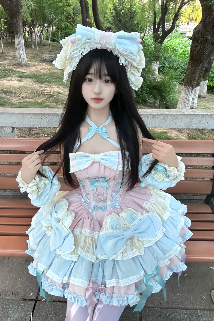 Multi-Color [Ribbon Dance] Multi-Layered Ruffle Bowknot Lace-Up Sweet Princess Lolita Dress