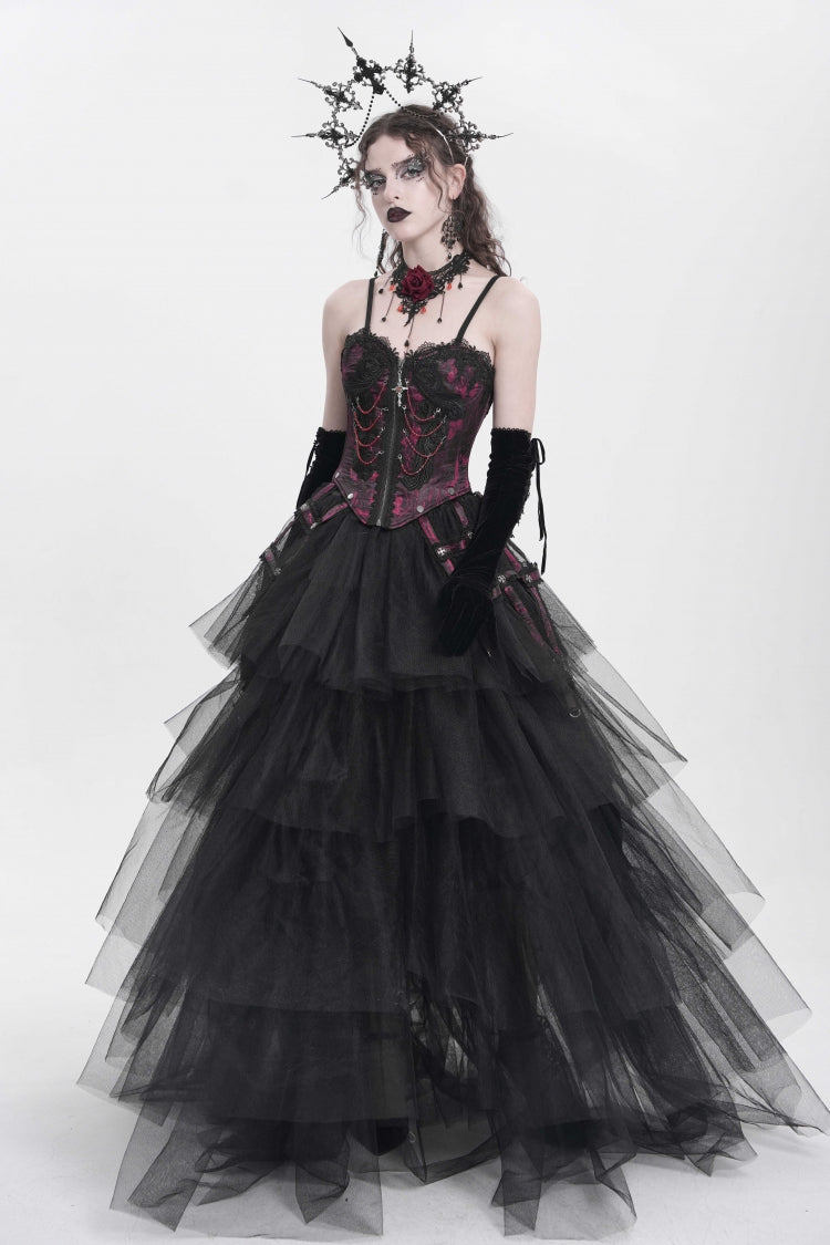 Red Sleeveless Embroidery Lace Chain Women's Gothic Vest