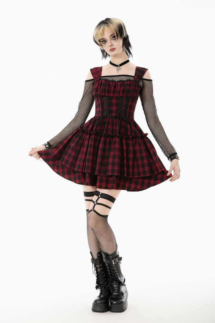 Rot/Schwarzes, ärmelloses, geschichtetes, kariertes, gerafftes Damen-Kuchenkleid für den Abschluss