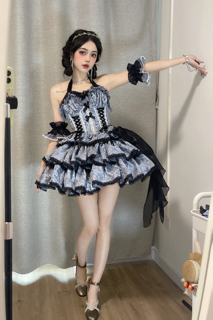 Black/Blue Medea Kiss Short Sleeves Gothic Lolita JSK Tiered Dress