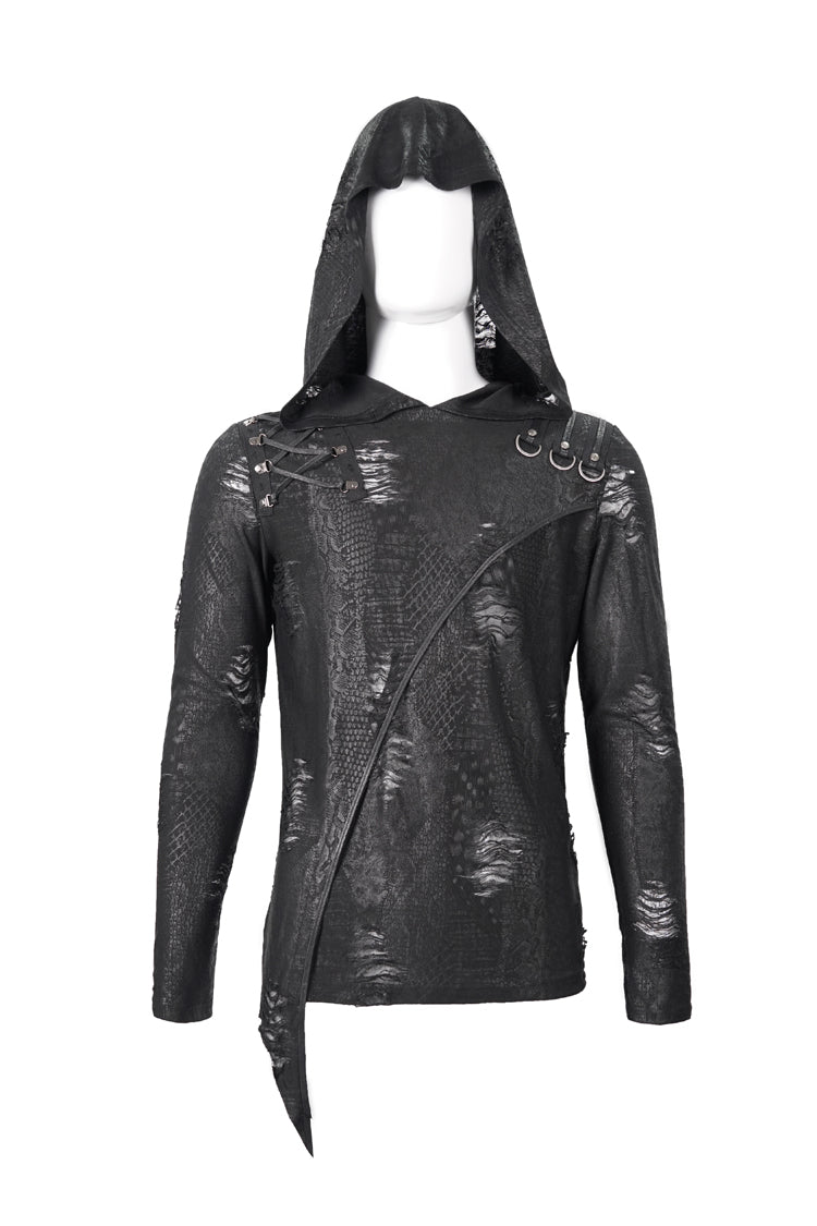 Black Broken Holes Knit Shoulder Lace-Up Irregular Hem Hooded Men's Punk T-Shirt