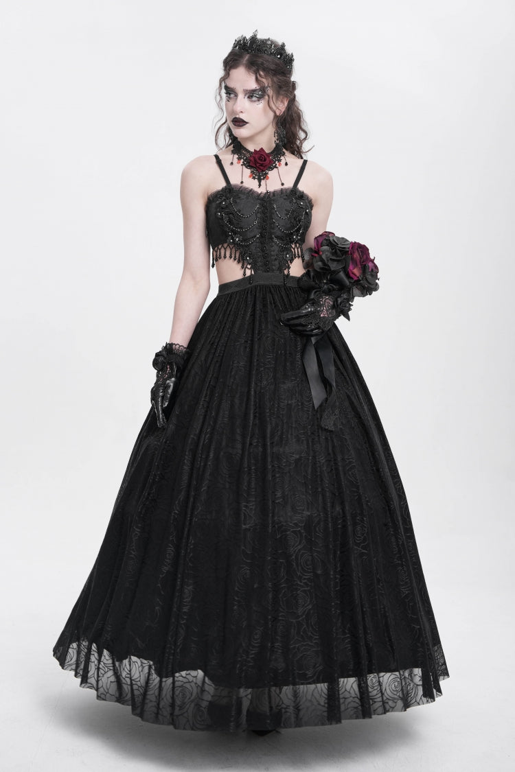 Black Jacquard Floral Embroidery Lace Ripped Women's Gothic Party Slip Dress