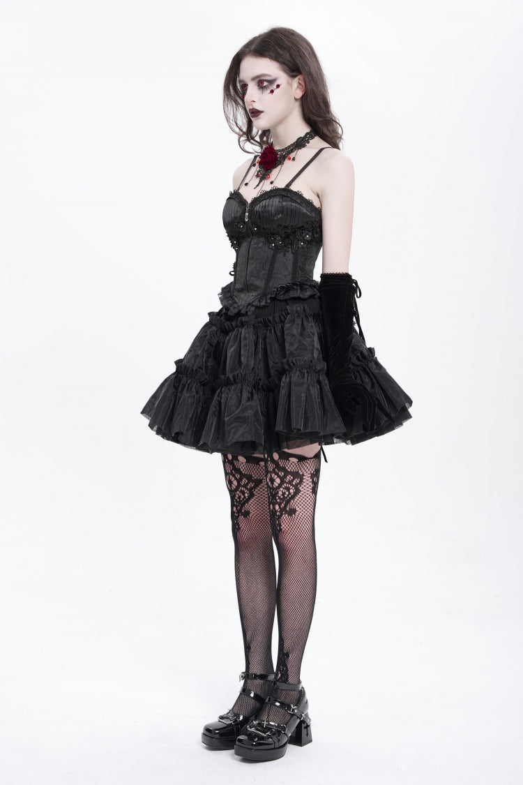 Black Sleeveless Ruffle Embroidery Lace-Up Women's Gothic Tank Top