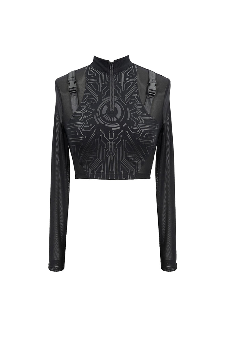 Black Round Collar Lace Check Short Women's Gothic Tops