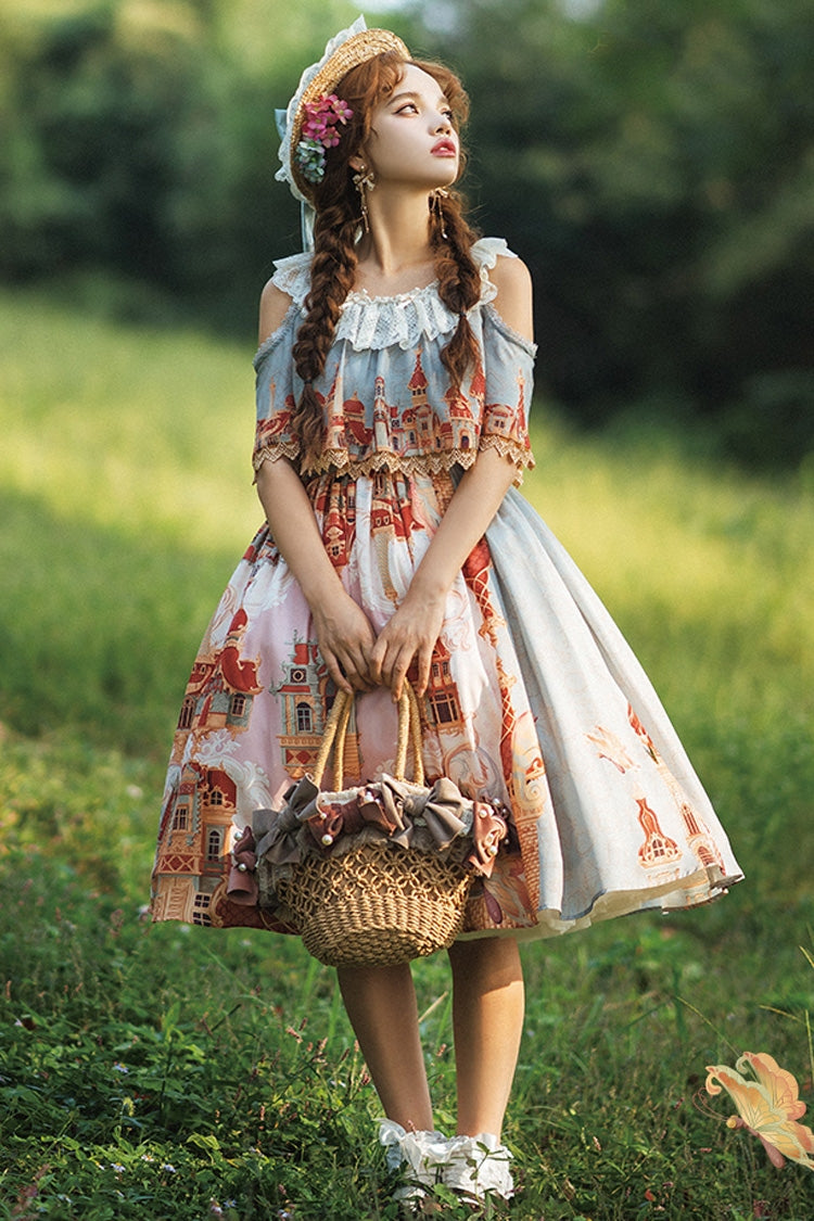 Multi-Color European Architectural Oil Painting Print Off Shoulder Short Sleeves Bowknot Sweet Lolita Dress