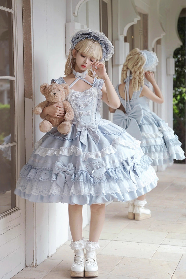 Robe Lolita Jsk bleue [Super Cute Belia] sans manches à trois volants superposés avec nœud en dentelle douce et élégante 