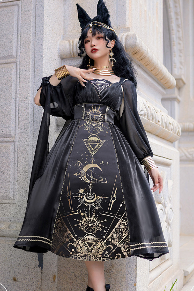 Black [Nightmare of Horus] Print Ruffle Hot Stamping Gothic Gorgeous Lolita Jsk Short Dress