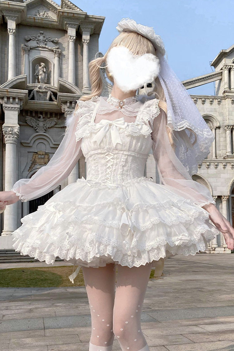 Robe Lolita Jsk de ballet douce avec nœud papillon à volants à double couche en dentelle à lacets [Flory Butterfly] blanche 