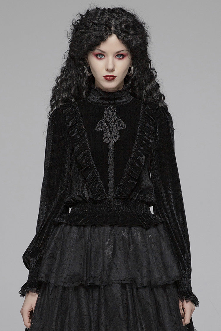 Black Stand Collar Long Sleeves Embroidery Floral Lace Women's Gothic Tops