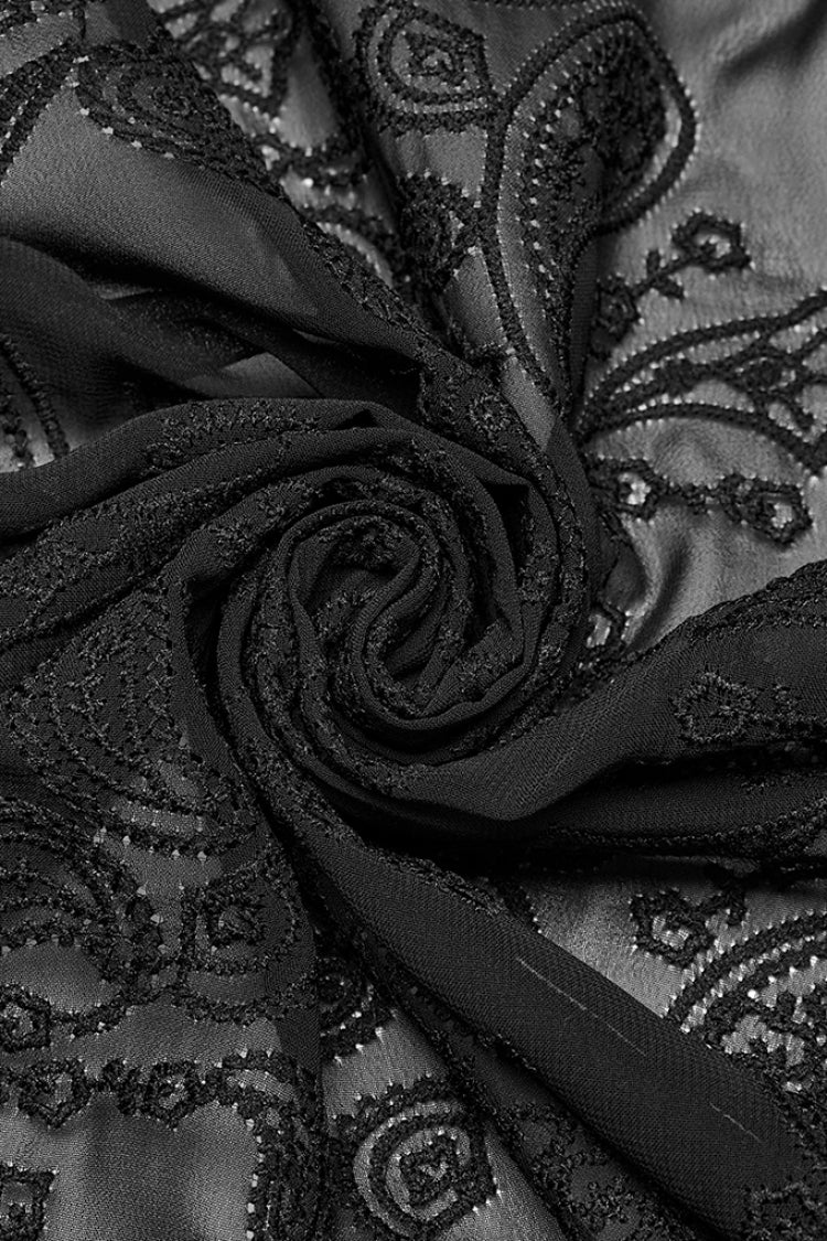 Schwarze Stehkragen Chiffon Langarm Hohles Stickerei Herren Gothic Bluse 
