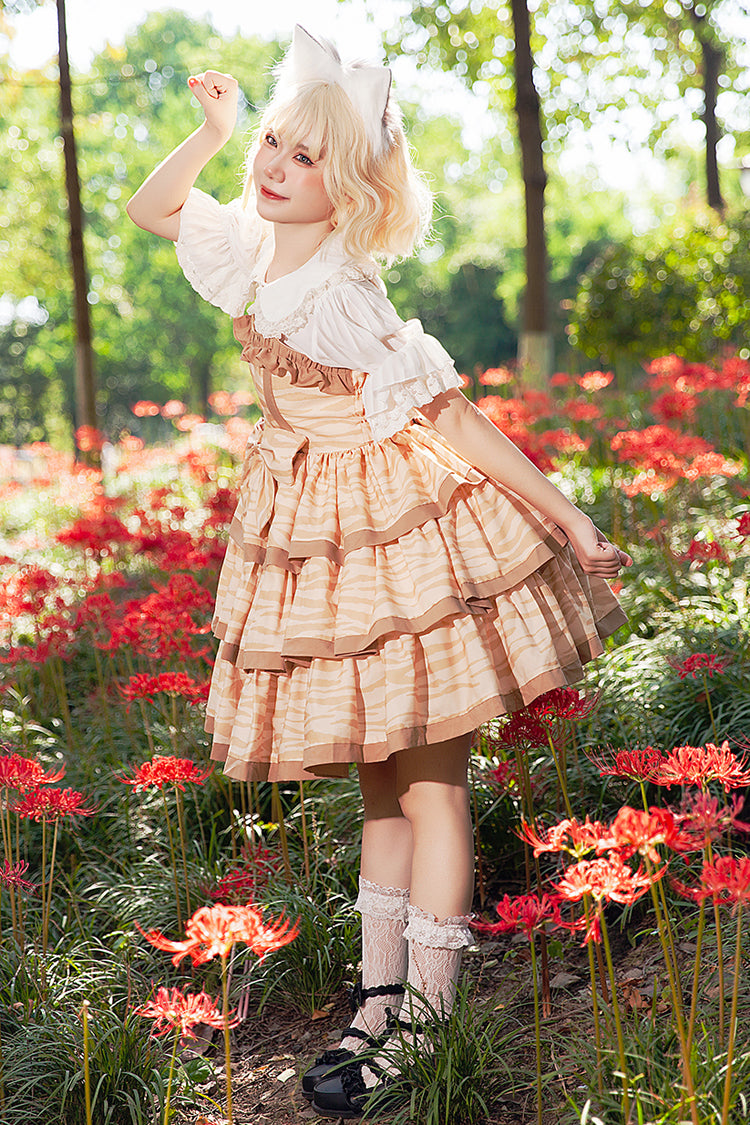 Aprikose [Cloth Cat] Süßes Lolita-Kleid mit dreilagigem Druck, Rüschen und Schleife