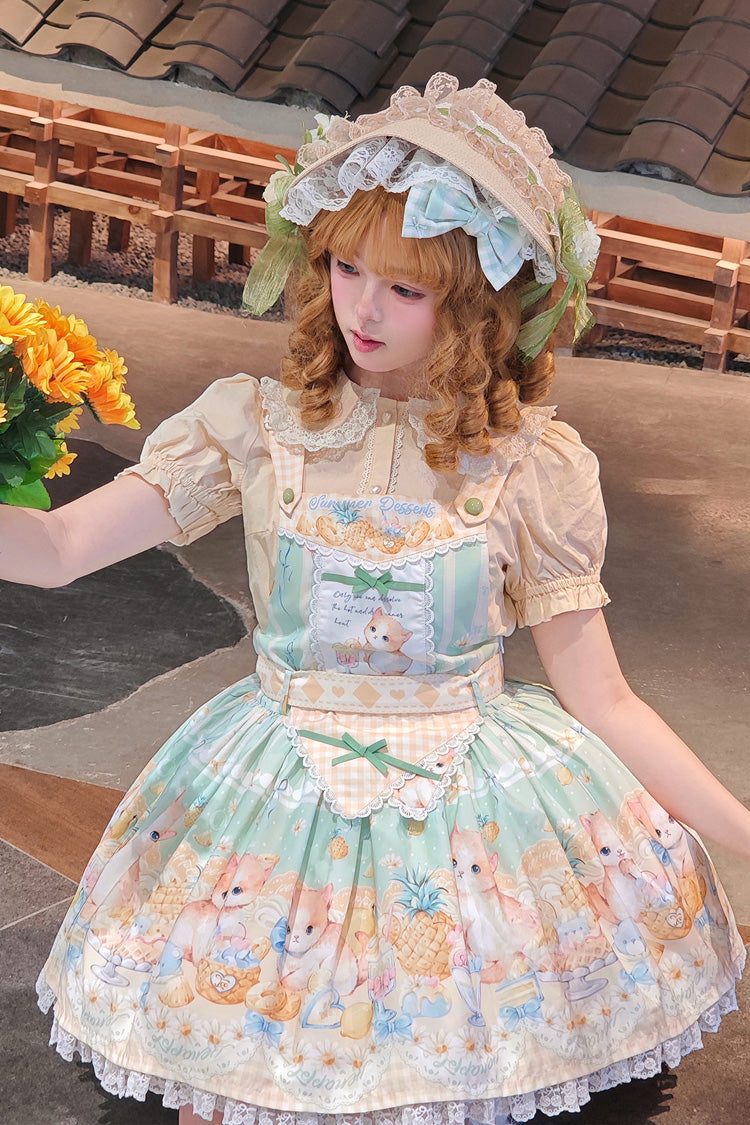 Green [Pineapple Cat] Print Sleeveless Bowknot Lace Sweet Lolita Strap Dress