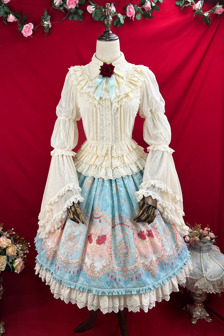 Blue [Moonlit Garden Secret] Print Ruffle Embroidery Lace Sweet Elegant Palace Lolita Skirt