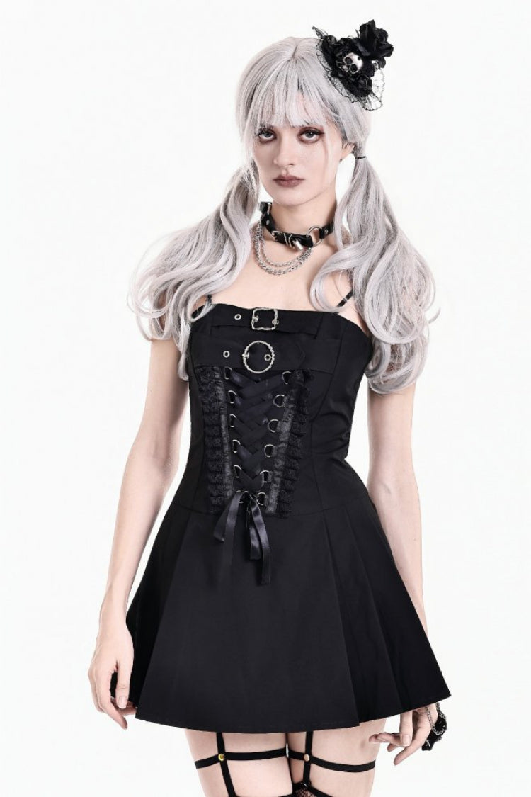 Black Front Lace-Up Buckled Strap Women's Gothic Mini Slip Dress