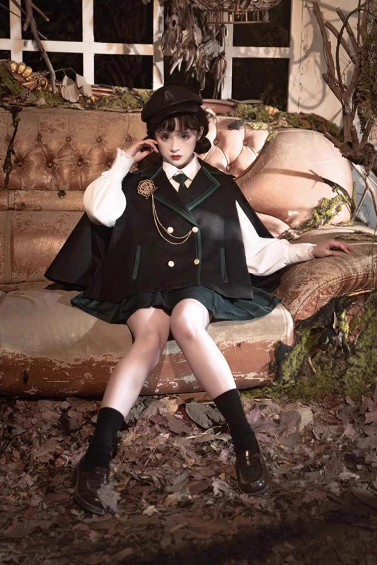 Black/Green Magic Academy Lapel Collar Gothic Vintage College Style Lolita Skirt Full Set