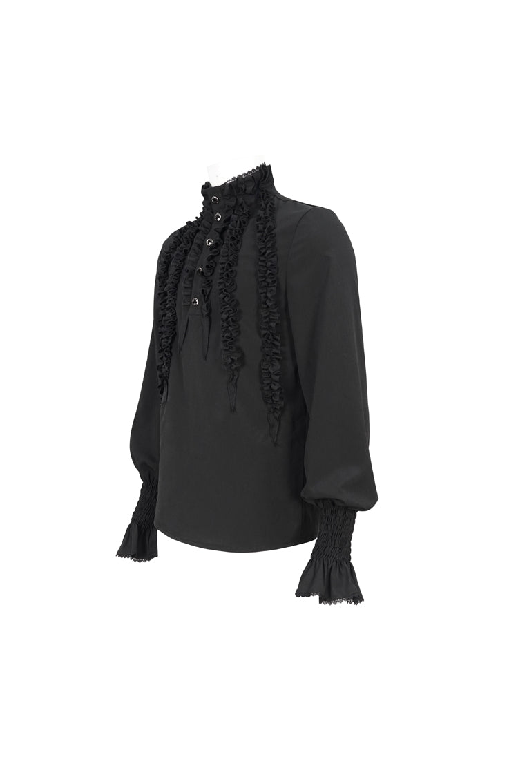Black Irregular Stand Collar Puff Sleeved Ruffled Men's Gothic Shirt