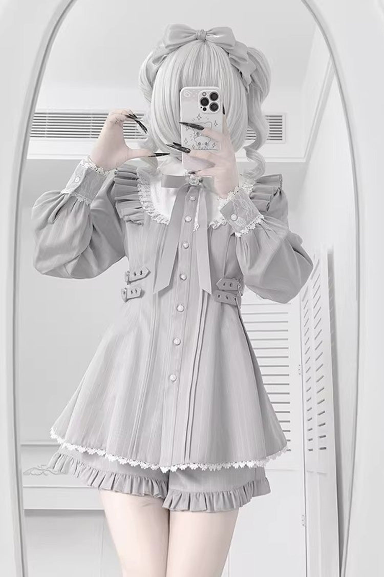 Grey Doll Collar Long Sleeves Ruffled Sweet Jirai Kei Dress