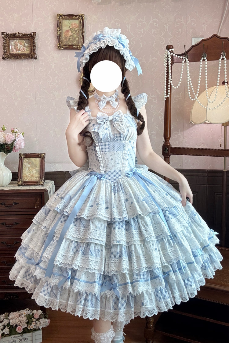 Blaues [Flower’s Tale] süßes Lolita-Kleid mit quadratischem Kragen, flatternden Ärmeln, mehrlagigem, bedrucktem, schmaler Passform und Spitze aus Schleife