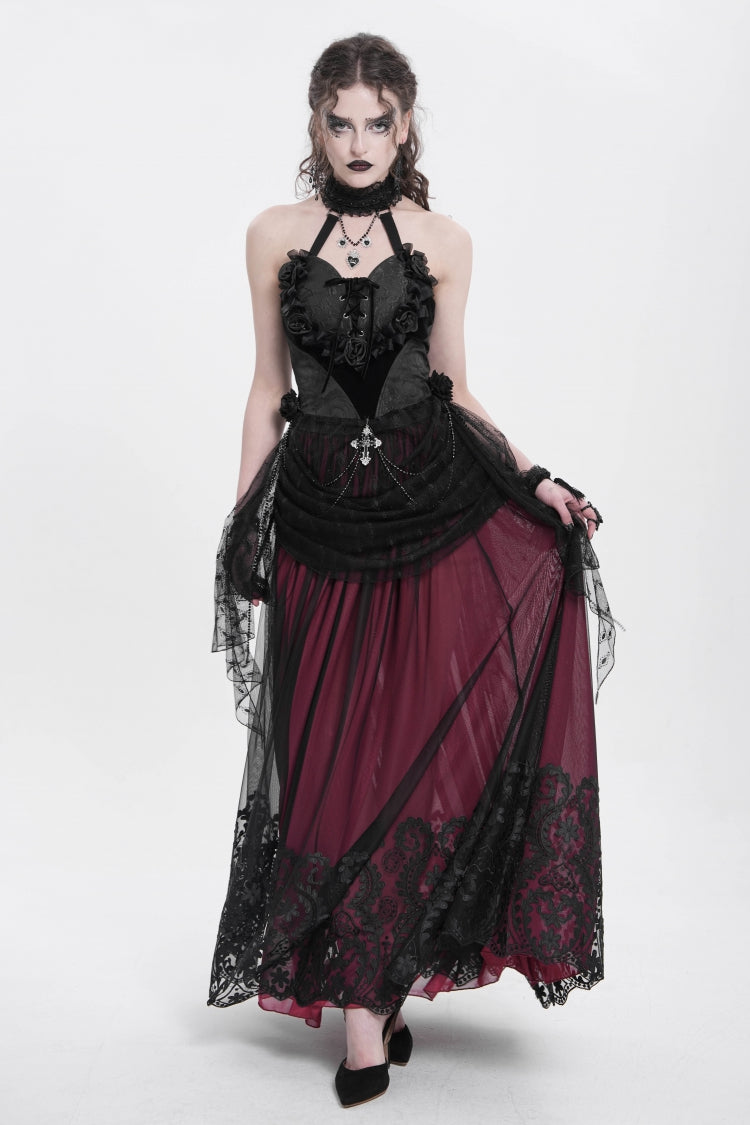 ブラックハルターネックノースリーブ刺繍ステッチローズハートレース女性用ゴシックブラウス 