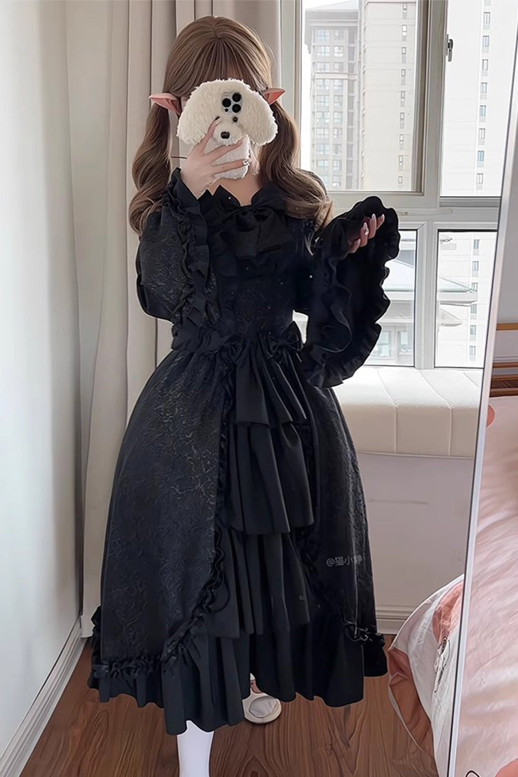 Black Long Hime Sleeves Multi-Layered Ruffle Cardigan Bowknot Gothic Plus Size Lolita Dress