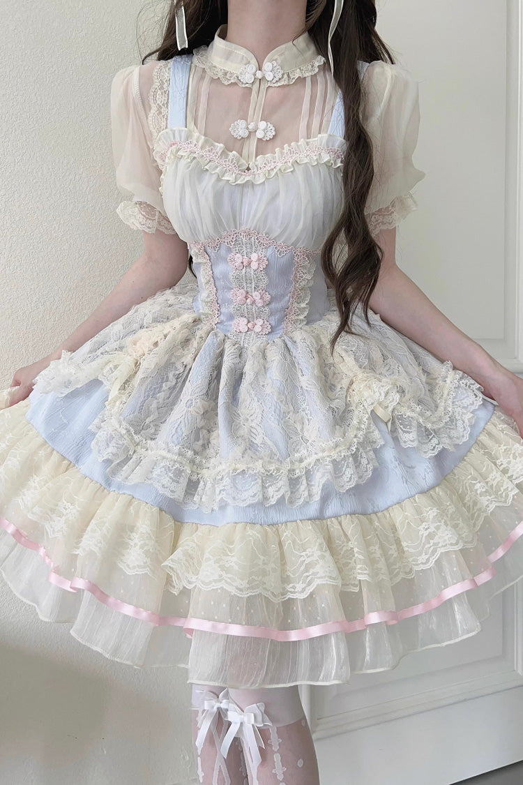 Neckholder-Kleid mit Blumenknospen-Print und Rüschenspitze, süßes Lolita-JSK-Kleid im chinesischen Ballettstil, 3 Farben