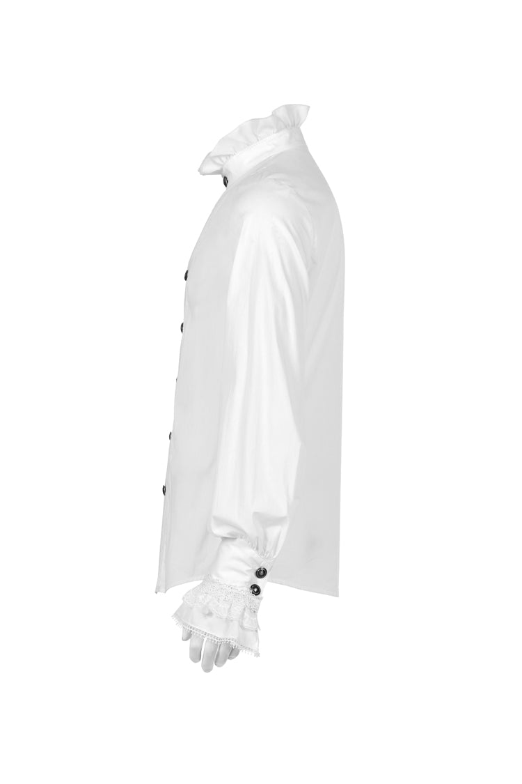 Weiße schmale Gothic-Bluse mit Stehkragen und Laternenärmeln für Herren